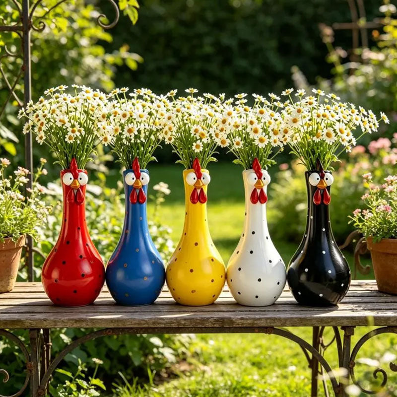 Hand-Painted Rooster Vase Sculpture | Long Neck Cartoon Rooster Decor with Colorful Polka Dots | Waterproof Resin Home Accent