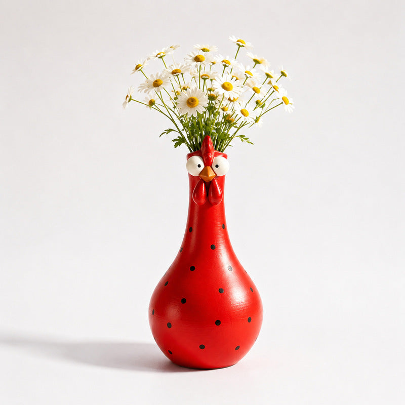 Hand-Painted Rooster Vase Sculpture | Long Neck Cartoon Rooster Decor with Colorful Polka Dots | Waterproof Resin Home Accent