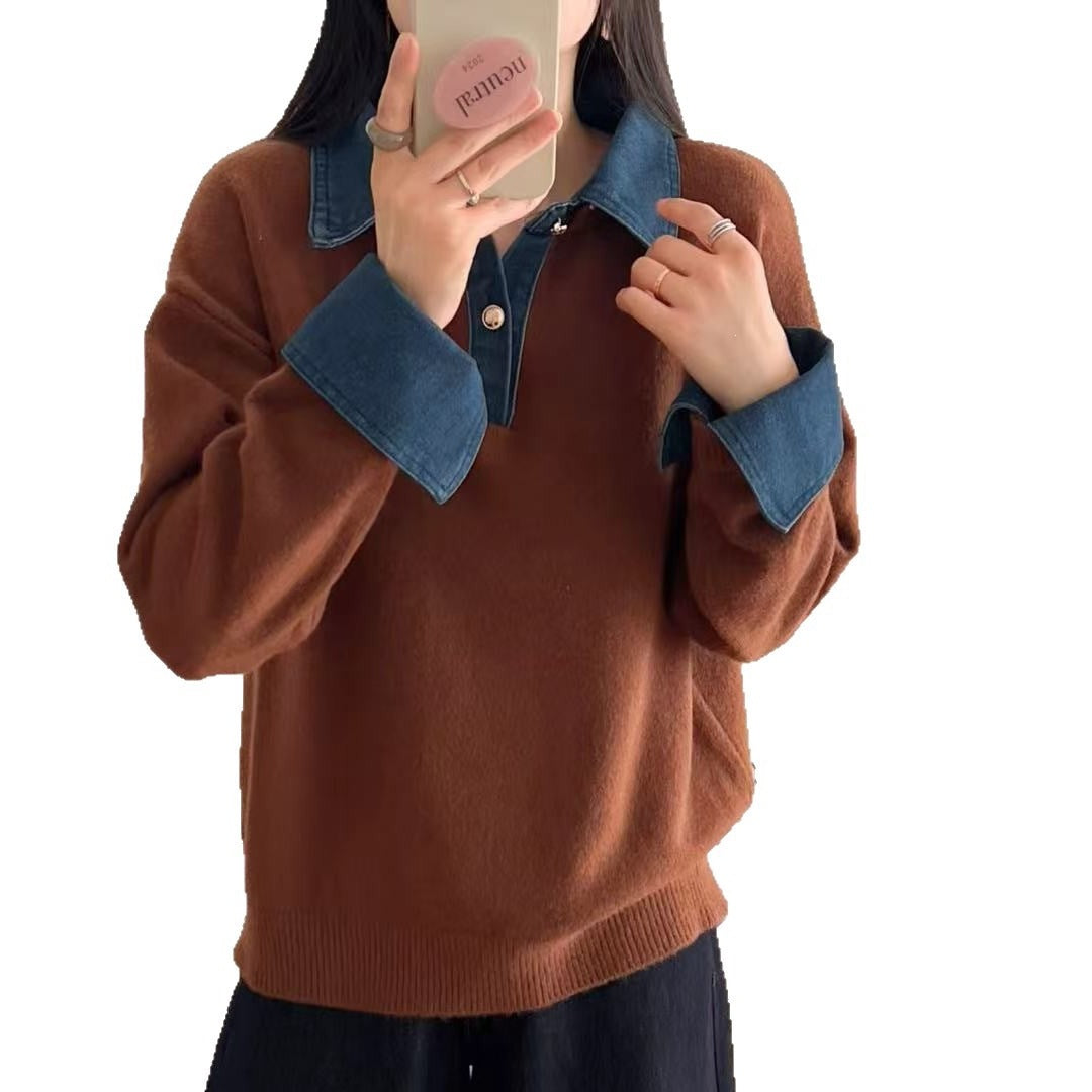 Color blocked denim patchwork polo collar long sleeved sweater for women