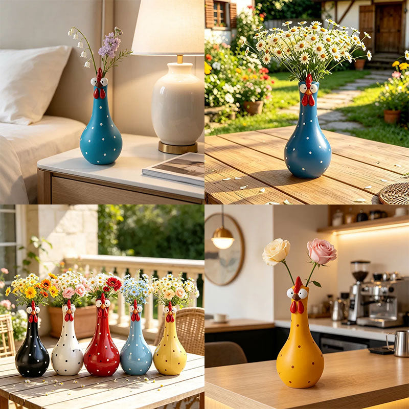 Hand-Painted Rooster Vase Sculpture | Long Neck Cartoon Rooster Decor with Colorful Polka Dots | Waterproof Resin Home Accent