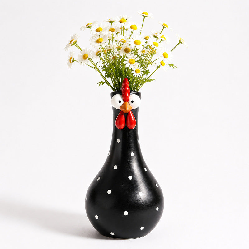 Hand-Painted Rooster Vase Sculpture | Long Neck Cartoon Rooster Decor with Colorful Polka Dots | Waterproof Resin Home Accent