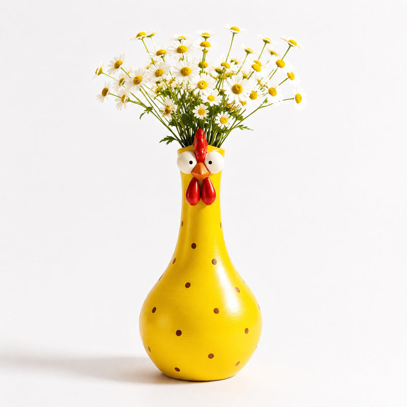 Hand-Painted Rooster Vase Sculpture | Long Neck Cartoon Rooster Decor with Colorful Polka Dots | Waterproof Resin Home Accent