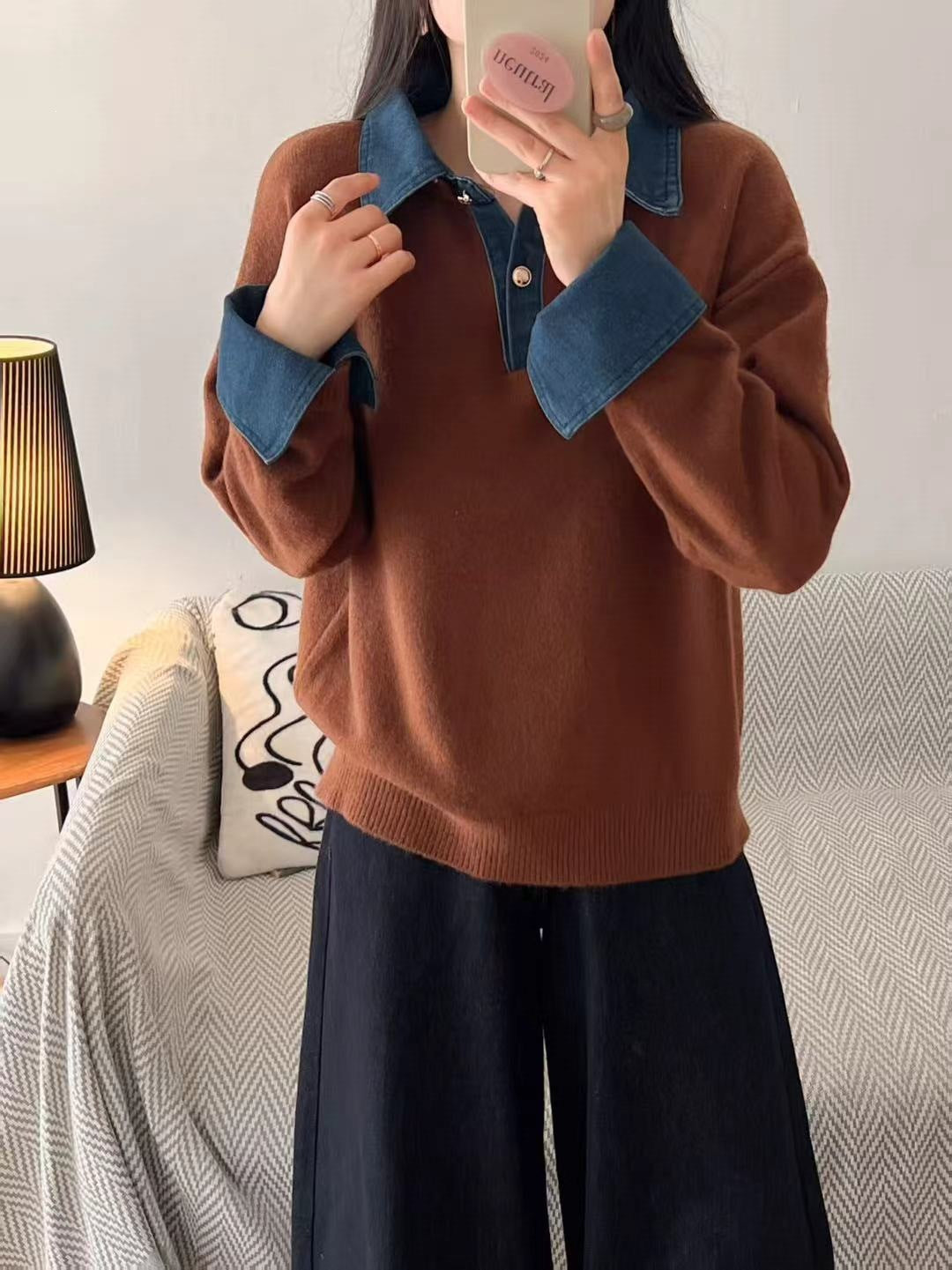 Color blocked denim patchwork polo collar long sleeved sweater for women
