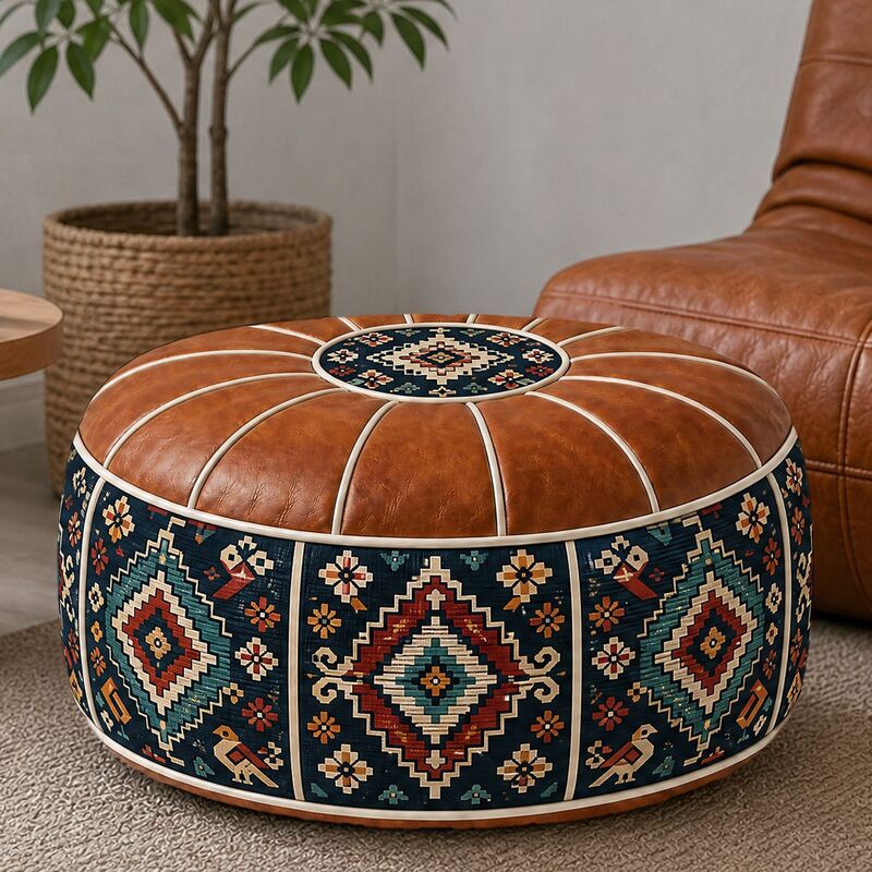 Bohemian Ottoman Pouf Stuffable with PU Leather Cover Waterproof Large Opening Storage Footrest for Living Room Bedroom