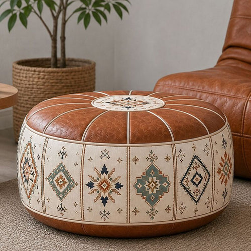 Bohemian Ottoman Pouf Stuffable with PU Leather Cover Waterproof Large Opening Storage Footrest for Living Room Bedroom