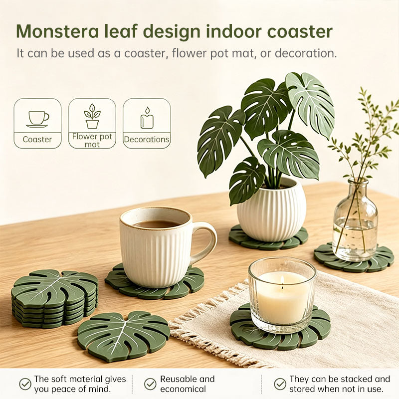 Monstera Leaf 3D Printed Coasters, Non-Slip Anti-Scald Plant Drink Mats, Tropical Desk Bar Kitchen Decor