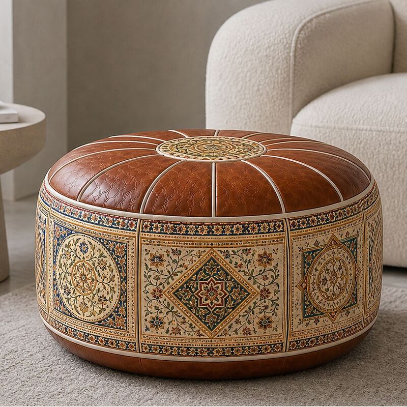 Bohemian Ottoman Pouf Stuffable with PU Leather Cover Waterproof Large Opening Storage Footrest for Living Room Bedroom