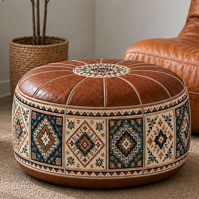 Bohemian Ottoman Pouf Stuffable with PU Leather Cover Waterproof Large Opening Storage Footrest for Living Room Bedroom
