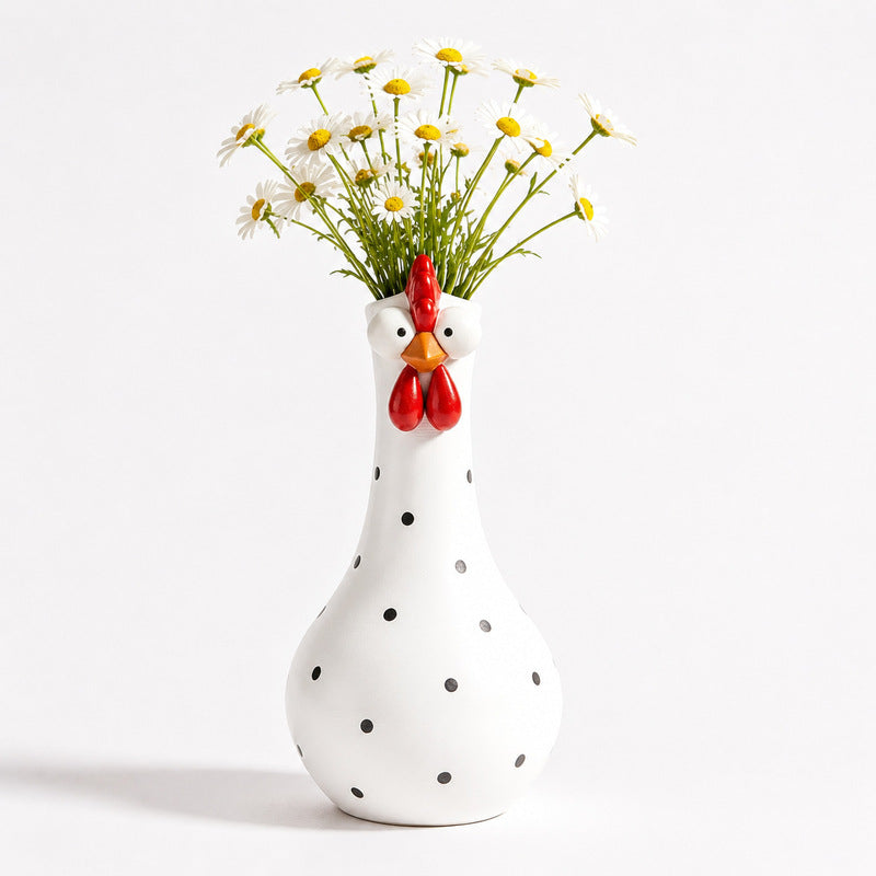 Hand-Painted Rooster Vase Sculpture | Long Neck Cartoon Rooster Decor with Colorful Polka Dots | Waterproof Resin Home Accent