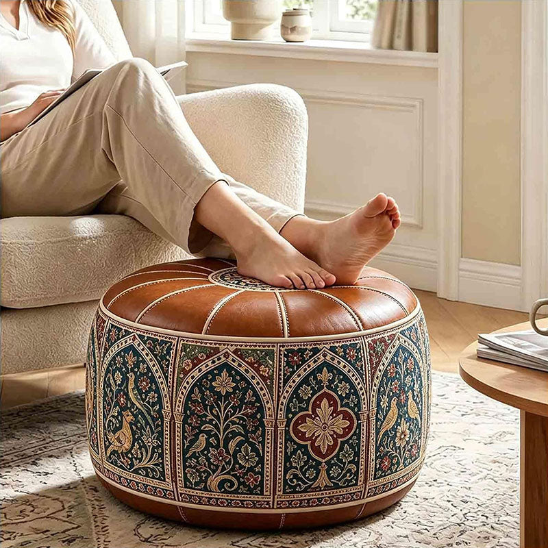 Bohemian Ottoman Pouf Stuffable with PU Leather Cover Waterproof Large Opening Storage Footrest for Living Room Bedroom
