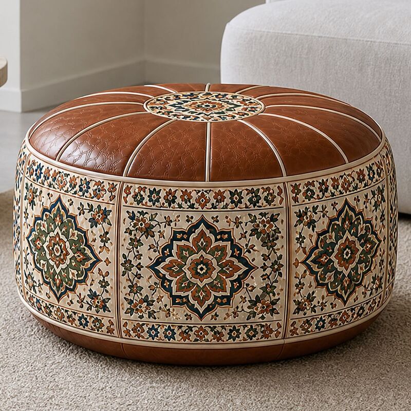 Bohemian Ottoman Pouf Stuffable with PU Leather Cover Waterproof Large Opening Storage Footrest for Living Room Bedroom